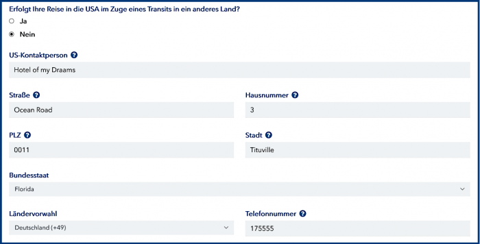 US Kontaktperson im ESTA Antrag