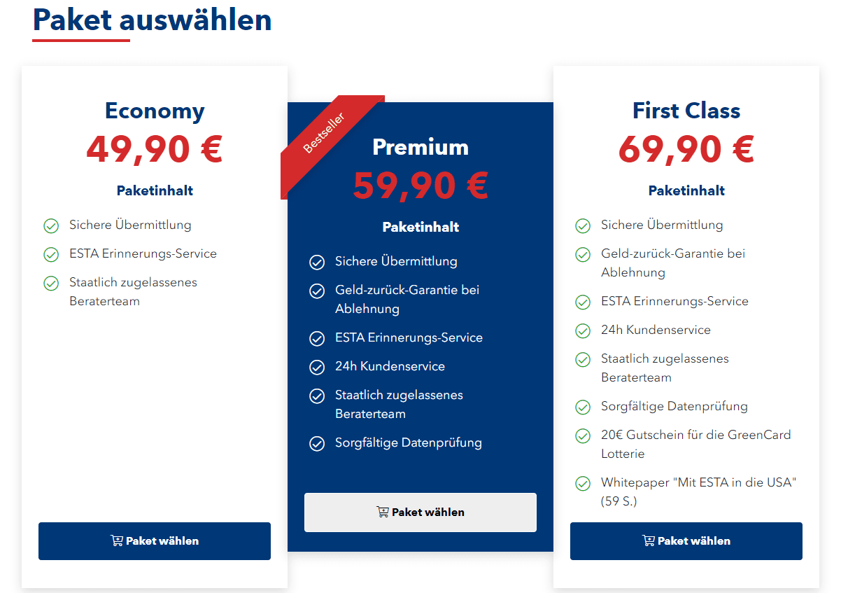 Paket auswählen im ESTA Antrag